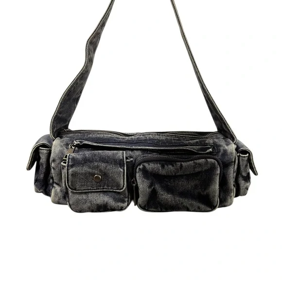 Y2K Denim Shoulder Bag Blue Faded Zip Top Multi Pocket Medium Retro 90s - Picture 4 of 7